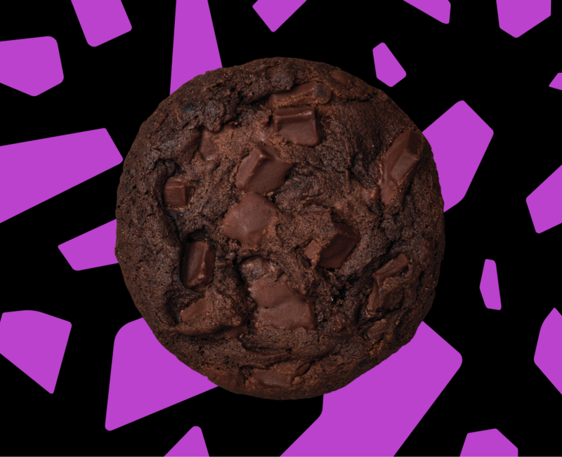 Vachon Signature Dark Chocolate & Fudge Cookie with black background and purple spot pattern