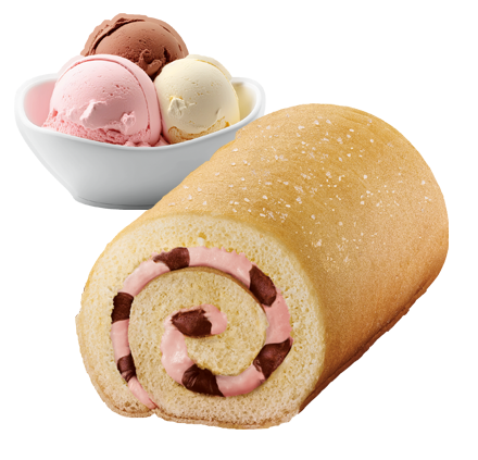 Roulé Roll Neapolitan  Cakes with Neapolitan ice-cream in a bowl